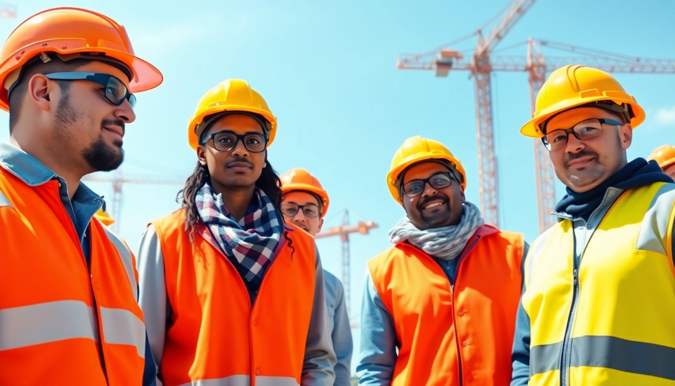 Workers implementing construction safety programs on-site, highlighting teamwork and safety gear.
