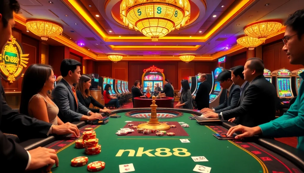 Gamblers engaging with nk88 poker chips at a luxurious casino table.