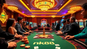 Gamblers engaging with nk88 poker chips at a luxurious casino table.