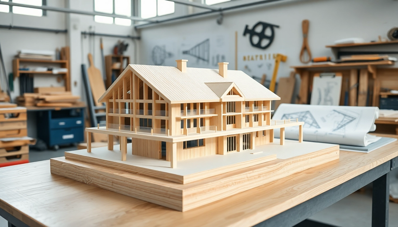 Architekturmodellbau Bielefeld zeigt präzise Detailarbeit an einem architektonischen Modell in einer Werkstatt.