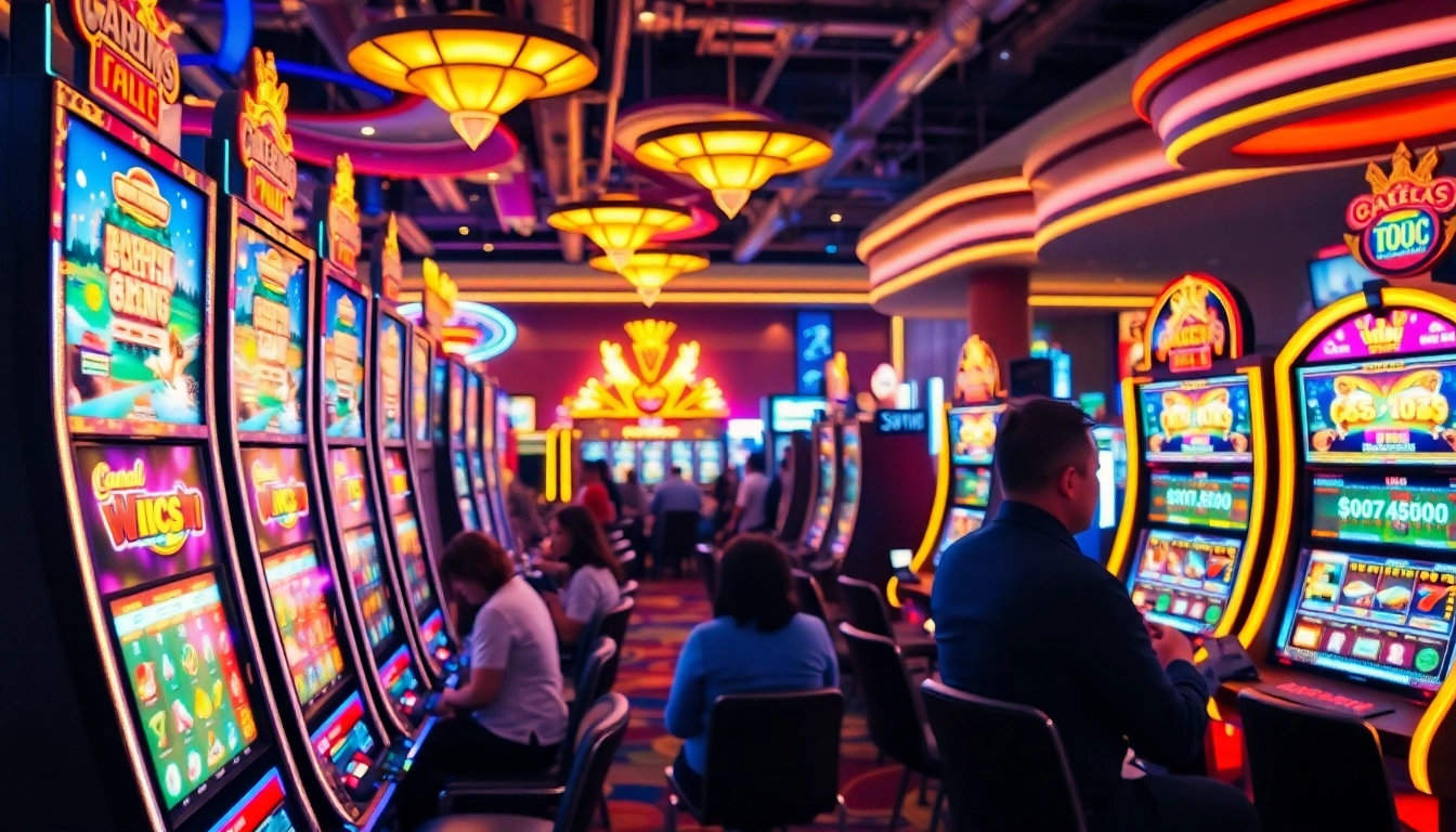 Permainan situs slot gacor yang seru dengan mesin slot berwarna-warni dan suasana kasino yang ramai.