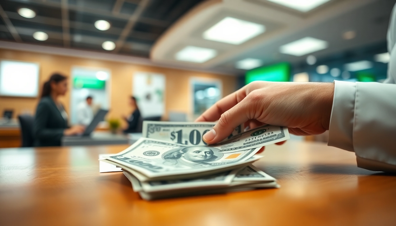 Proses deposit 1k tunai di bank dengan fokus jelas pada uang dan dokumen.