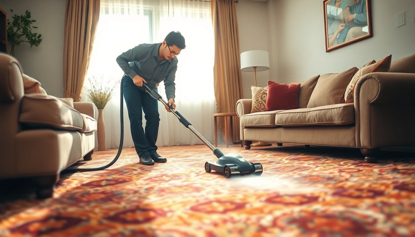 Technician performing carpet cleaning near me in a cozy living room, showcasing care and expertise.