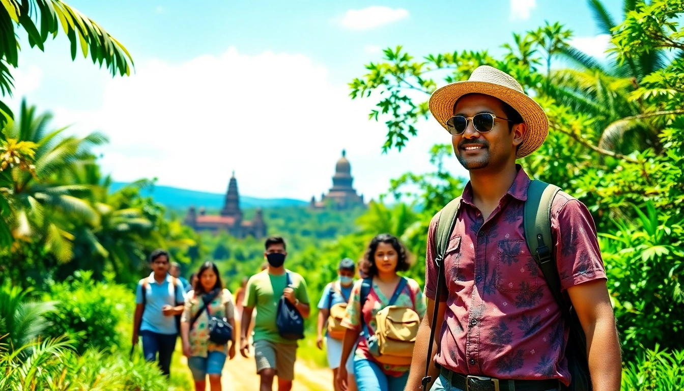 Experience https://privatetourssrilanka.com with a vibrant tour guide and travelers in a lush landscape.