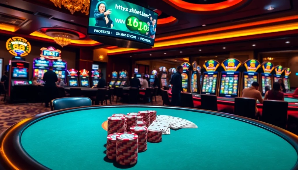 Gambling excitement at a casino with a poker table and digital display from https://shbet.law/ highlighting promotions.
