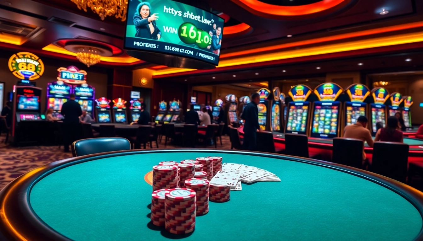 Gambling excitement at a casino with a poker table and digital display from https://shbet.law/ highlighting promotions.