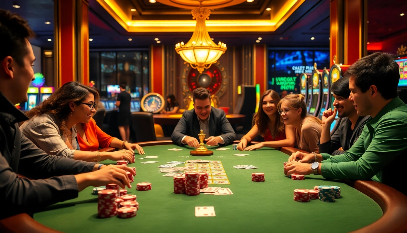 Exciting scene of a poker game at a casino featuring players and vn168 đăng nhập digital displays.