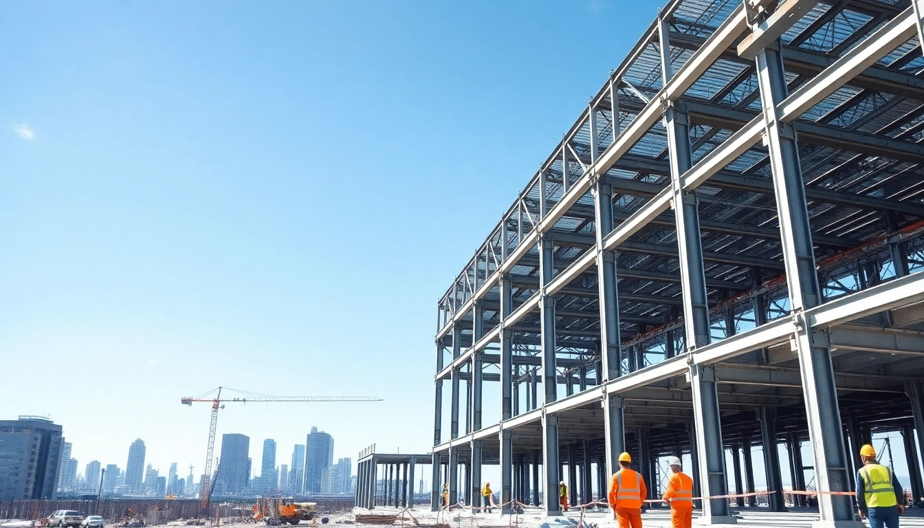 Workers engaged in structural steel construction, highlighting teamwork and precision on a building site.