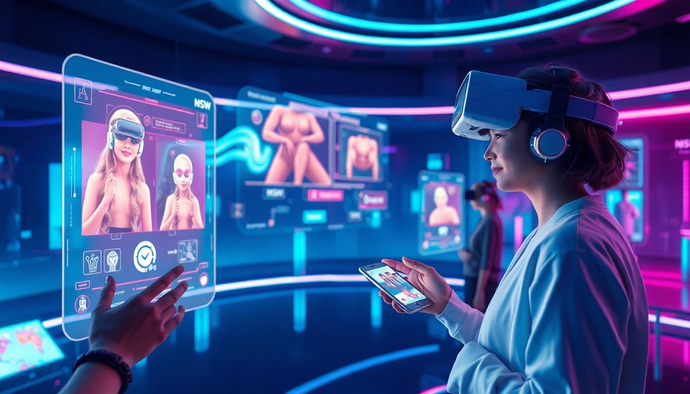 Interactive scene showcasing users engaged with NSFW AI technologies in a futuristic digital landscape.