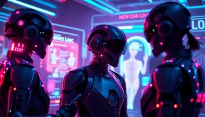 Experience interactive NSFW AI chatbots in a vibrant, futuristic environment with holographic displays.