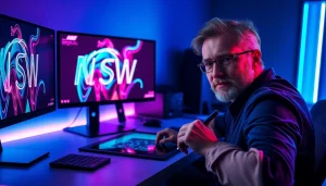 Digital artist generating NSFW AI imagery amidst a futuristic workspace.