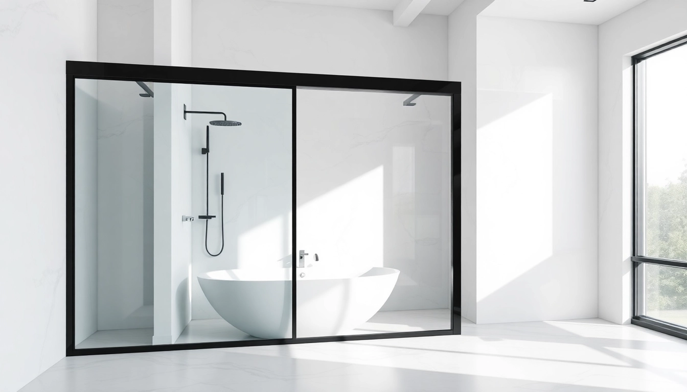 Modern bathroom featuring sleek shower door black frame design with elegant fixtures.