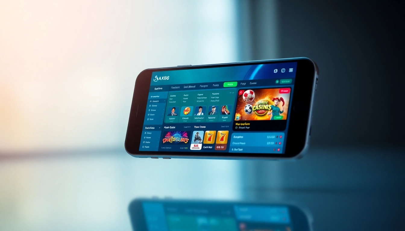 Hình minh họa trực quan về bảng điều khiển của ứng dụng AX88 trên điện thoại thông minh, cho thấy các tính năng cược và giao diện hiện đại.