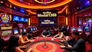 Players experiencing the thrill of gambling in luxury with Daftar Modal138 in the backdrop.