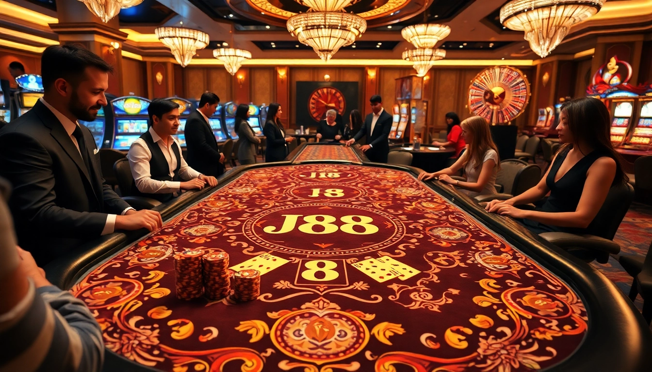 Players engaging in an exciting game at the J88-themed casino table, showcasing vibrant poker chips.