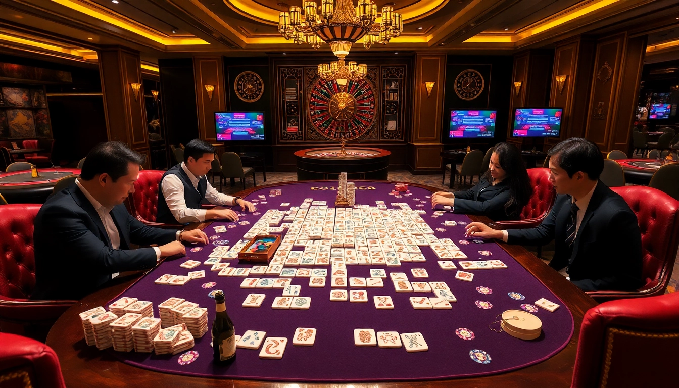 Engage in link mahjong with vibrant tiles and high-stakes excitement at a luxurious casino table.