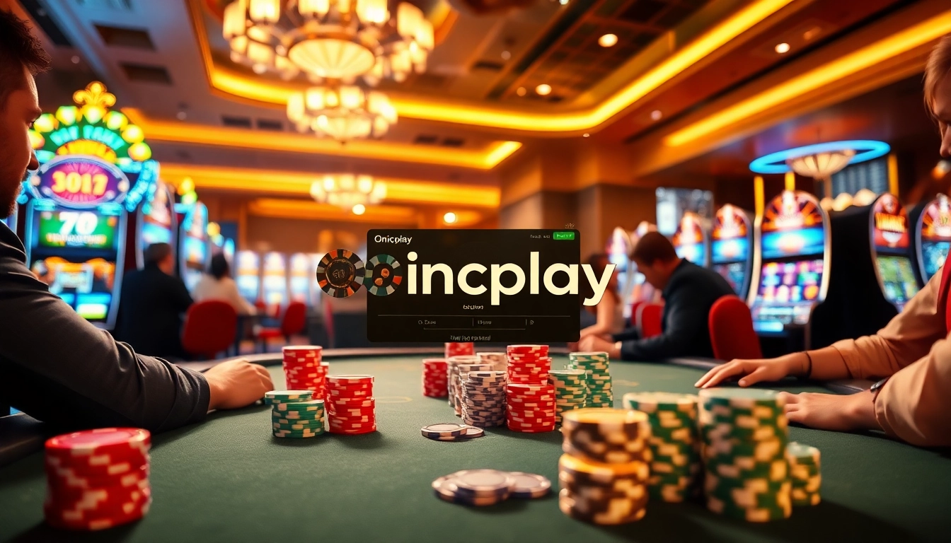 Onicplay's captivating casino scene showcasing vibrant slots and poker chips, enhancing the gaming experience.