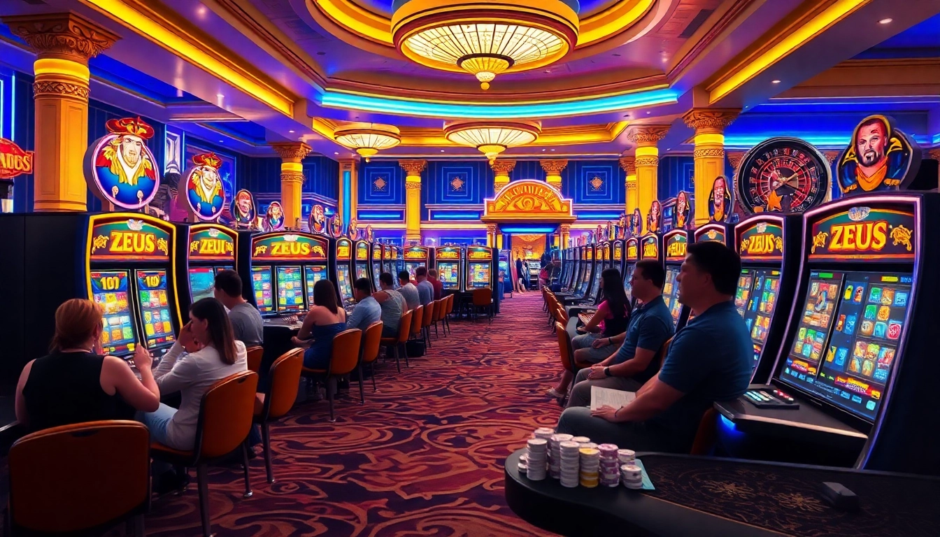 Pemain menikmati pengalaman Zeus Slot di kasino yang ramai dengan lampu terang.