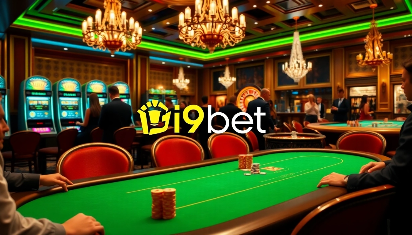 Experience the thrill of i9bet with a luxurious casino setting featuring poker games and vibrant slot machines.