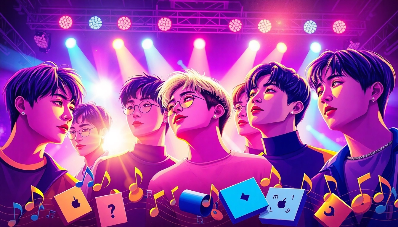Highlighting BTS news, the vibrant illustration captures BTS members in a concert setting, showcasing their energy.