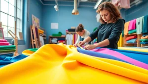 Tricot jersey bedrukt stoffen in een creatieve werkomgeving met designer en kleurrijke stoffen.