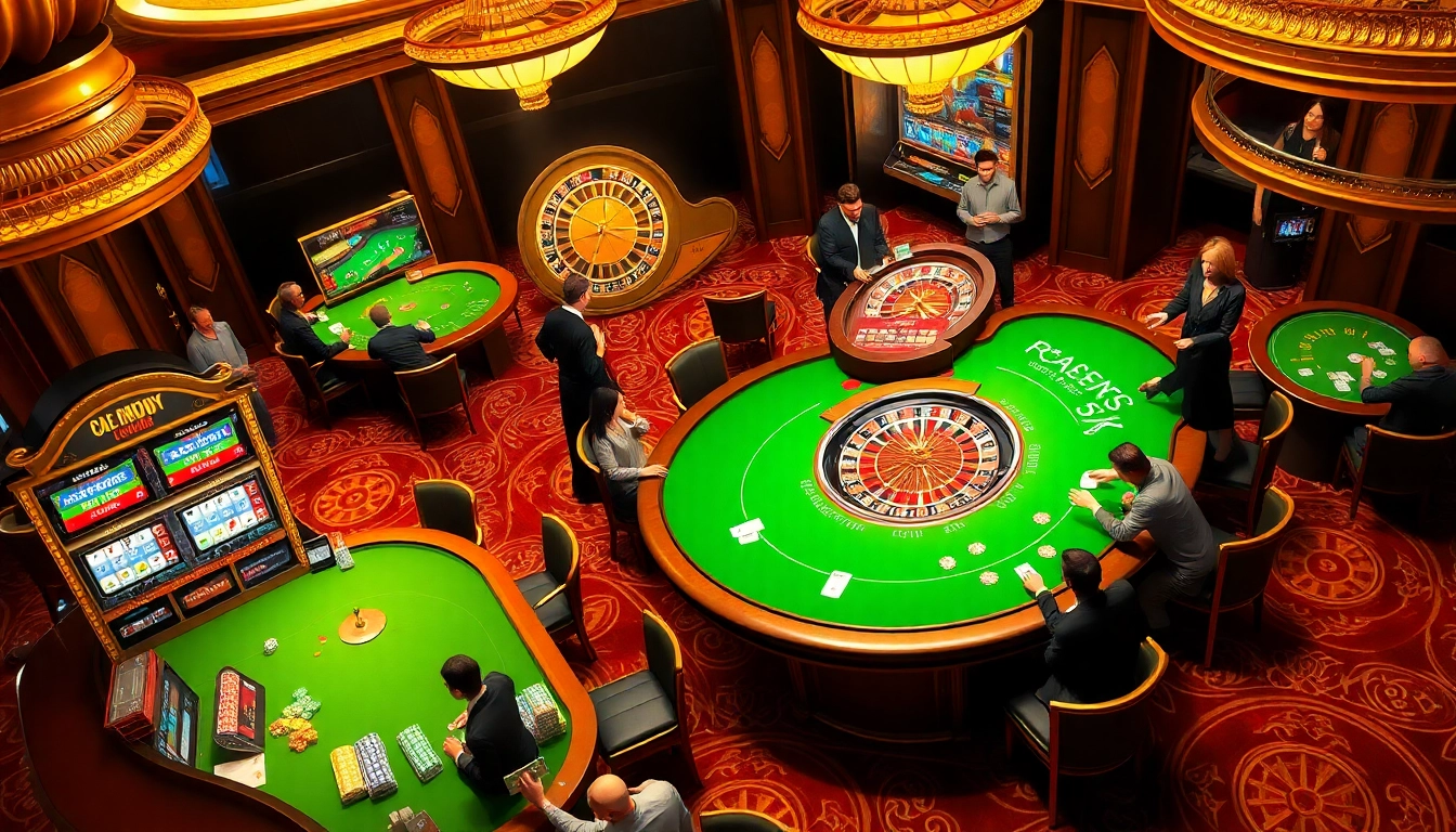 Adegan kasino yang menarik menampilkan Situs Deposit 5K dengan pemain di meja permainan dan mesin slot yang berwarna-warni.