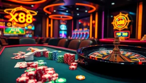 Engaging image of a vibrant casino table with cards and chips from xx88 kjc, embodying online gambling excitement.