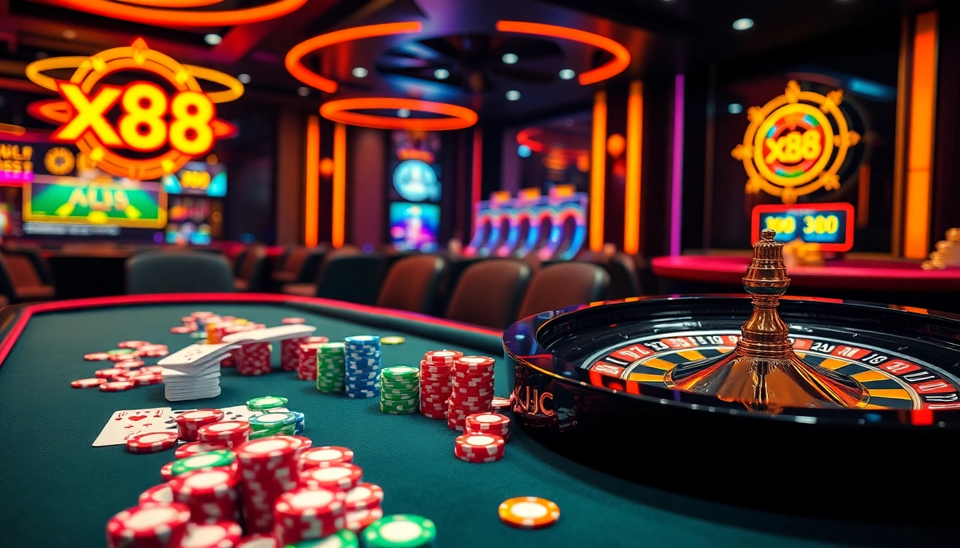 Engaging image of a vibrant casino table with cards and chips from xx88 kjc, embodying online gambling excitement.