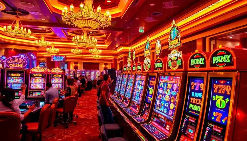 Para pemain merayakan kemenangan besar di mesin slot depo pulsa dalam kasino yang ramai.