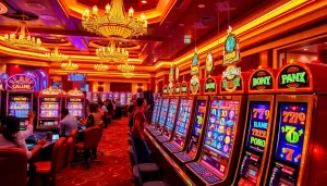 Para pemain merayakan kemenangan besar di mesin slot depo pulsa dalam kasino yang ramai.