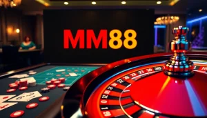 Experience the excitement of MM88 casino with a vibrant roulette wheel and luxurious betting table.