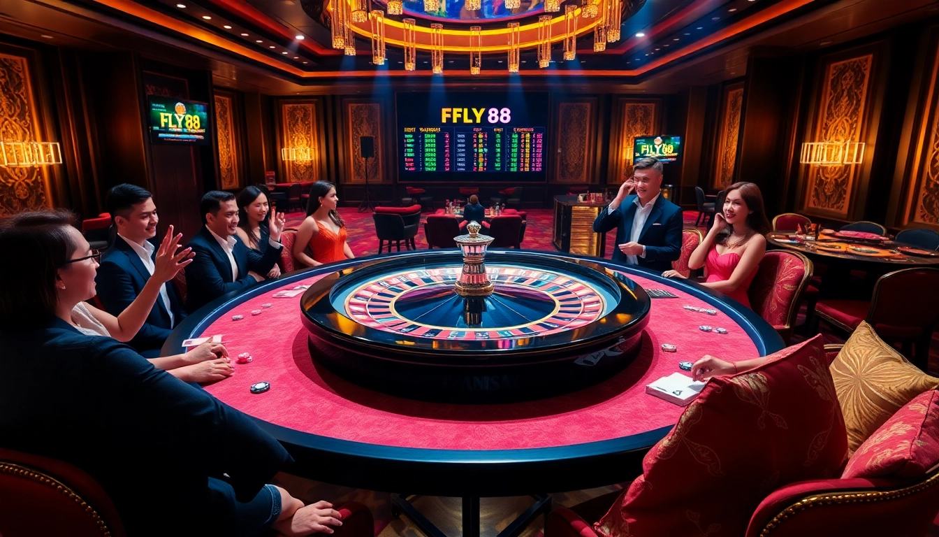 Experience excitement at FLY88 with a vibrant roulette table surrounded by eager players.