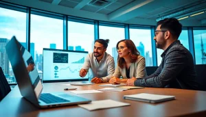 Hire account executives collaborating in a professional setting, analyzing data on a screen.