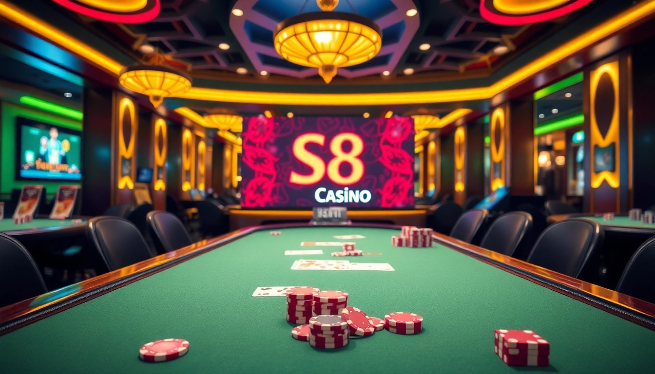 S8 Casino gaming table showcasing vibrant poker chips during an exciting game.