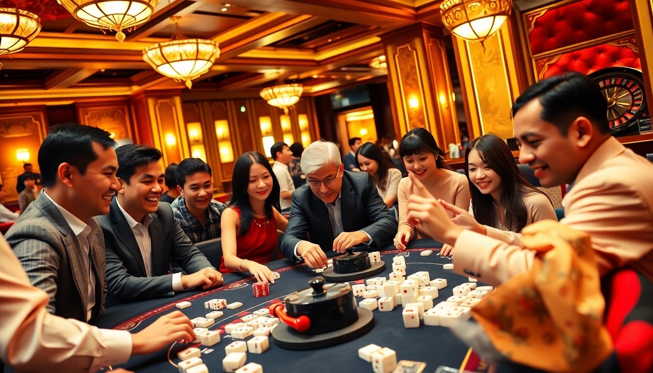 Para pemain menikmati permainan link mahjong yang mendebarkan di meja kasino mewah, menampilkan permainan strategis dan kegembiraan.