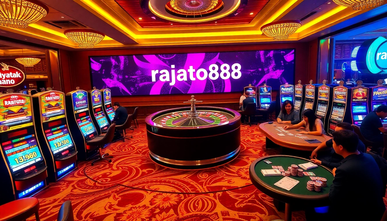 Experience the excitement of rajatoto88 with luxurious casino visuals of roulette and slot machines.