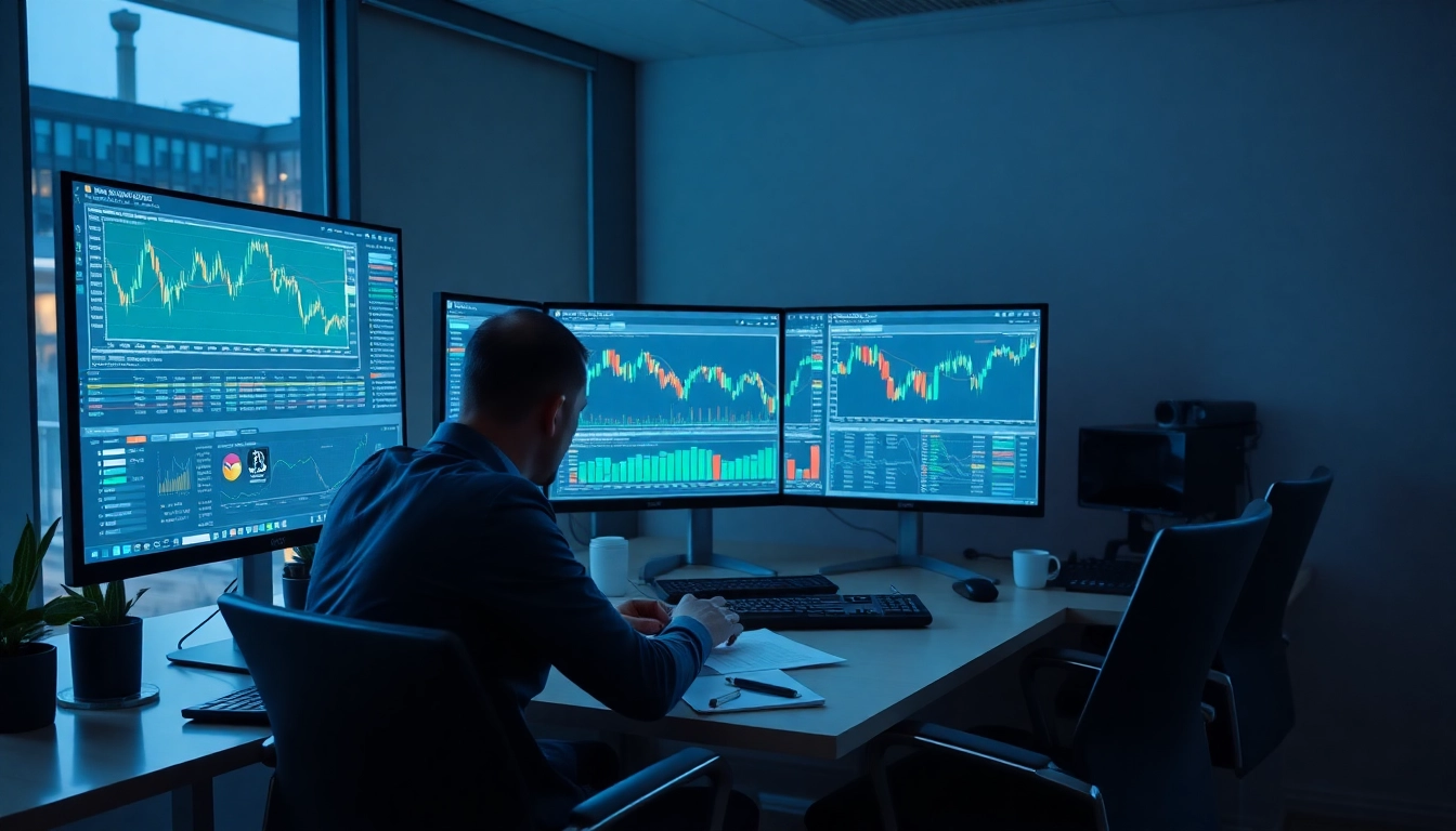 Quantum AI Trading Canada workspace showcasing a trader analyzing AI-driven trading data with modern technology.
