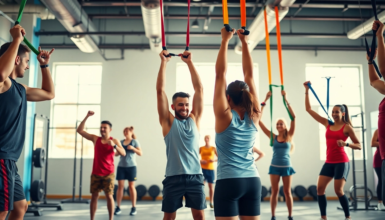 Engaged gym-goers utilizing pull-up resistance bands for strength training in a vibrant, motivating setting.