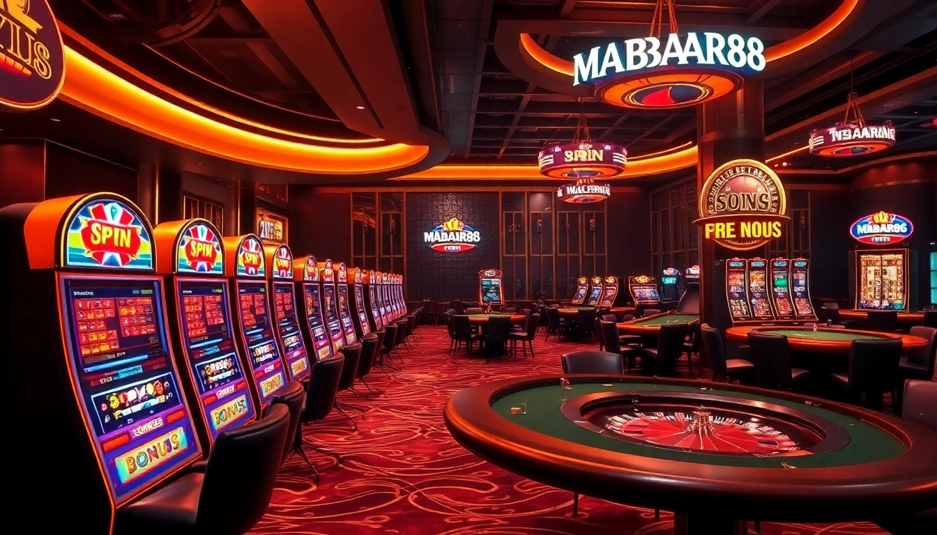 MABAR88 Spin menampilkan kegembiraan dengan mesin slot berwarna-warni dan meja poker di lingkungan kasino mewah.