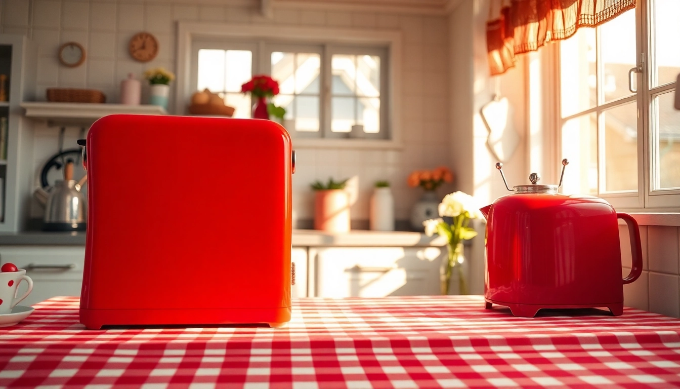 Showcasing a vibrant red retro appliance in a classic kitchen setting