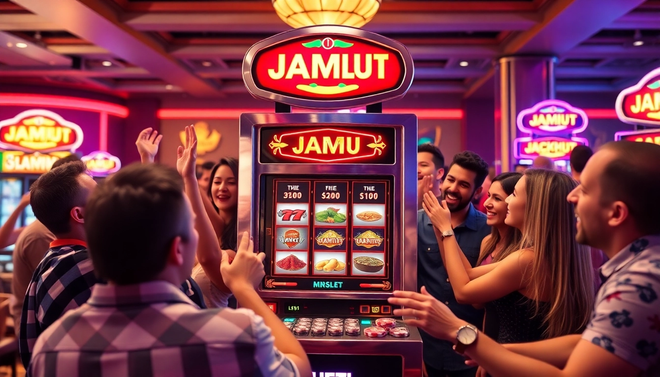 Players enjoying the JAMUslot experience while pursuing potential jackpots at a colorful casino.
