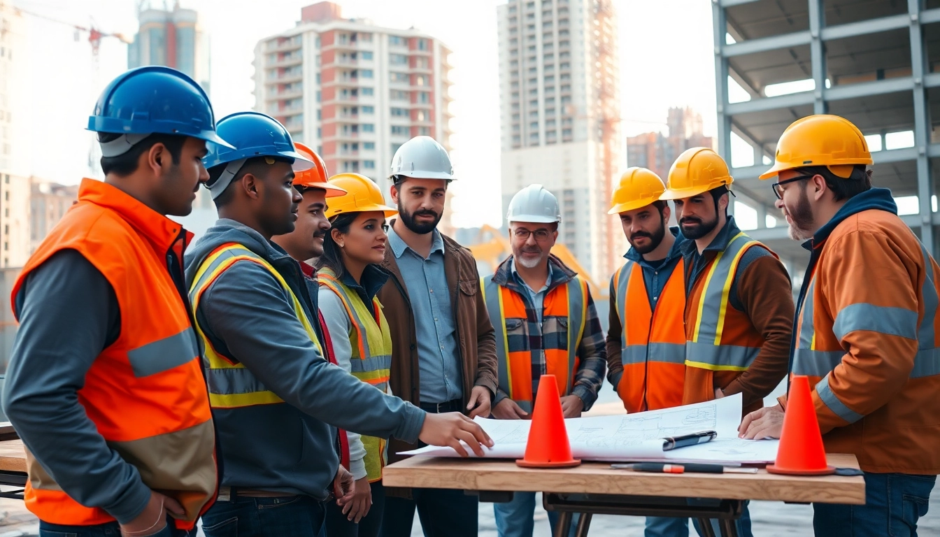 Construction workforce development illustrated by diverse workers planning on-site with tools and blueprints.