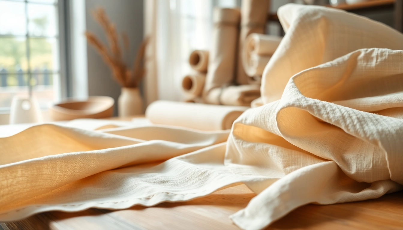 Linnen stoffen in verschillende texturen en kleuren op een houten tafel.