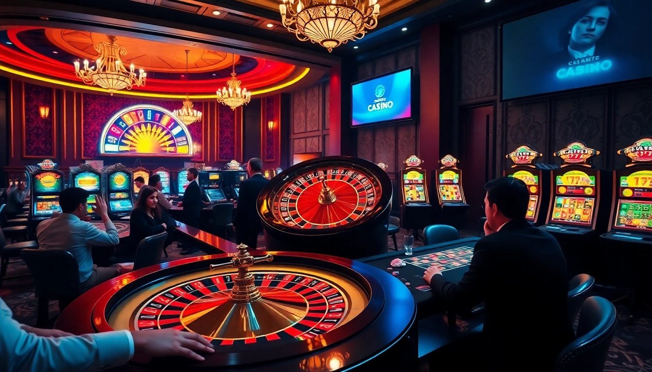 L'ambiance palpitante du meilleur casino en ligne, mettant en vedette des machines à sous vibrantes et des tables de roulette élégantes.