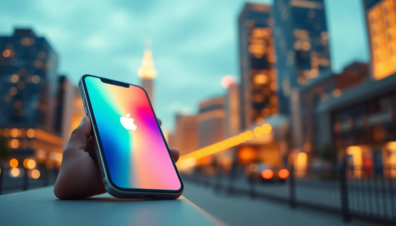 Apple smartfon w nowoczesnym otoczeniu miejskim na tle zachodzącego słońca.