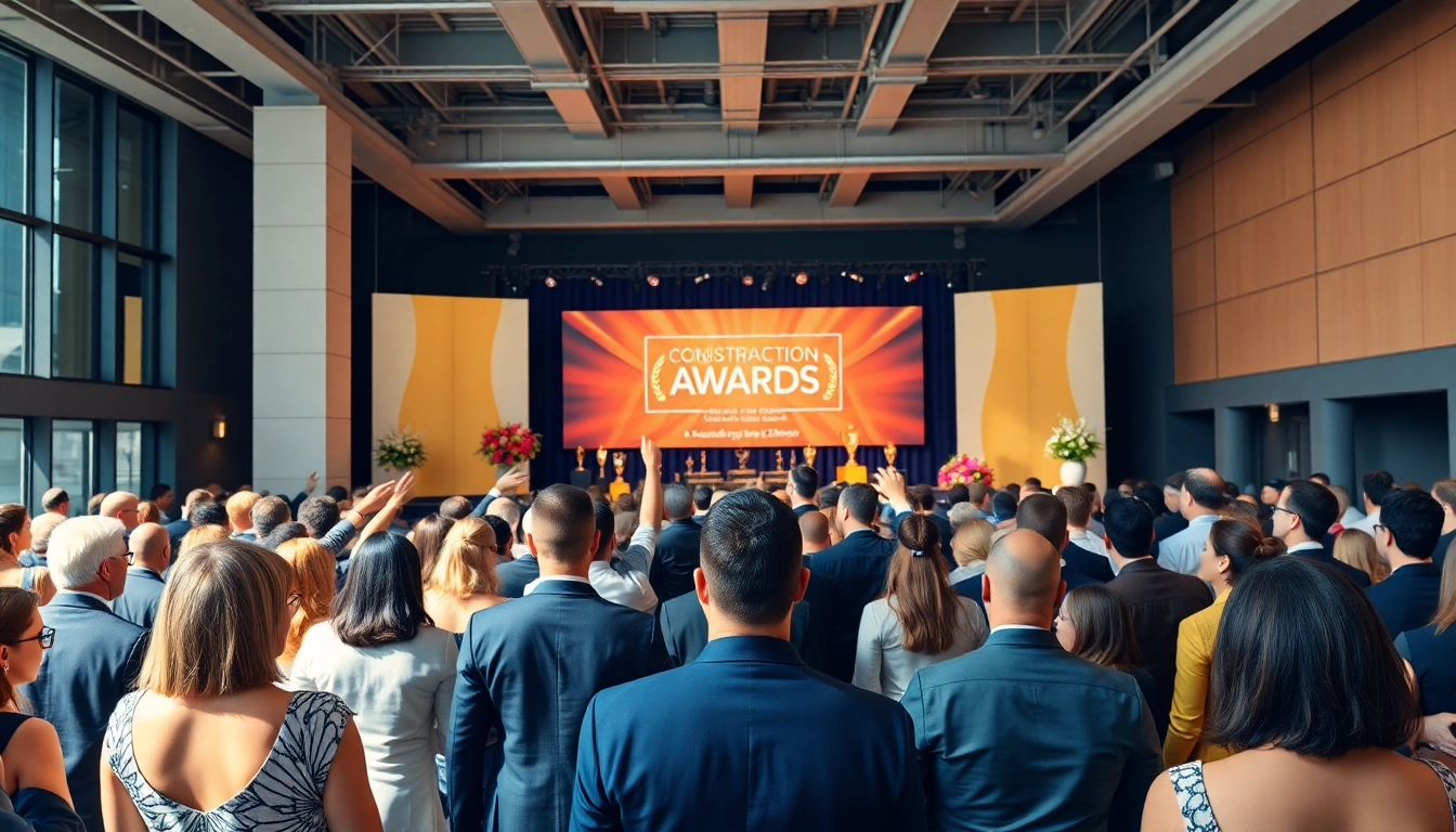 A vibrant scene from the construction awards ceremony showcasing crowds and elegant decor.