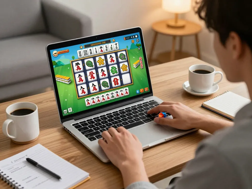 Engaged player enjoying slot mahjong game on laptop at stylish home workspace with vibrant visuals.