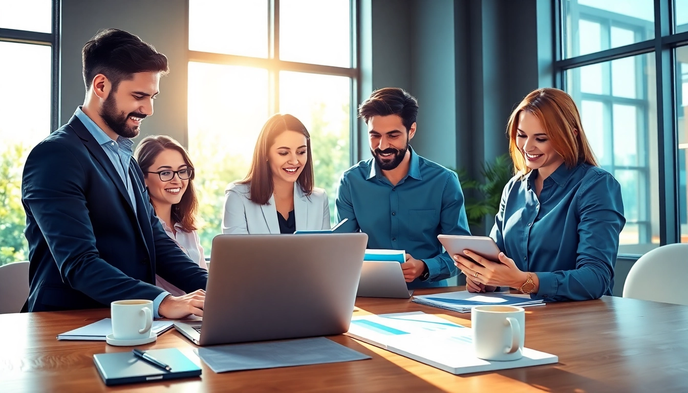 Team collaborating in a bright office, highlighting the agencia hubspot's dynamic approach.