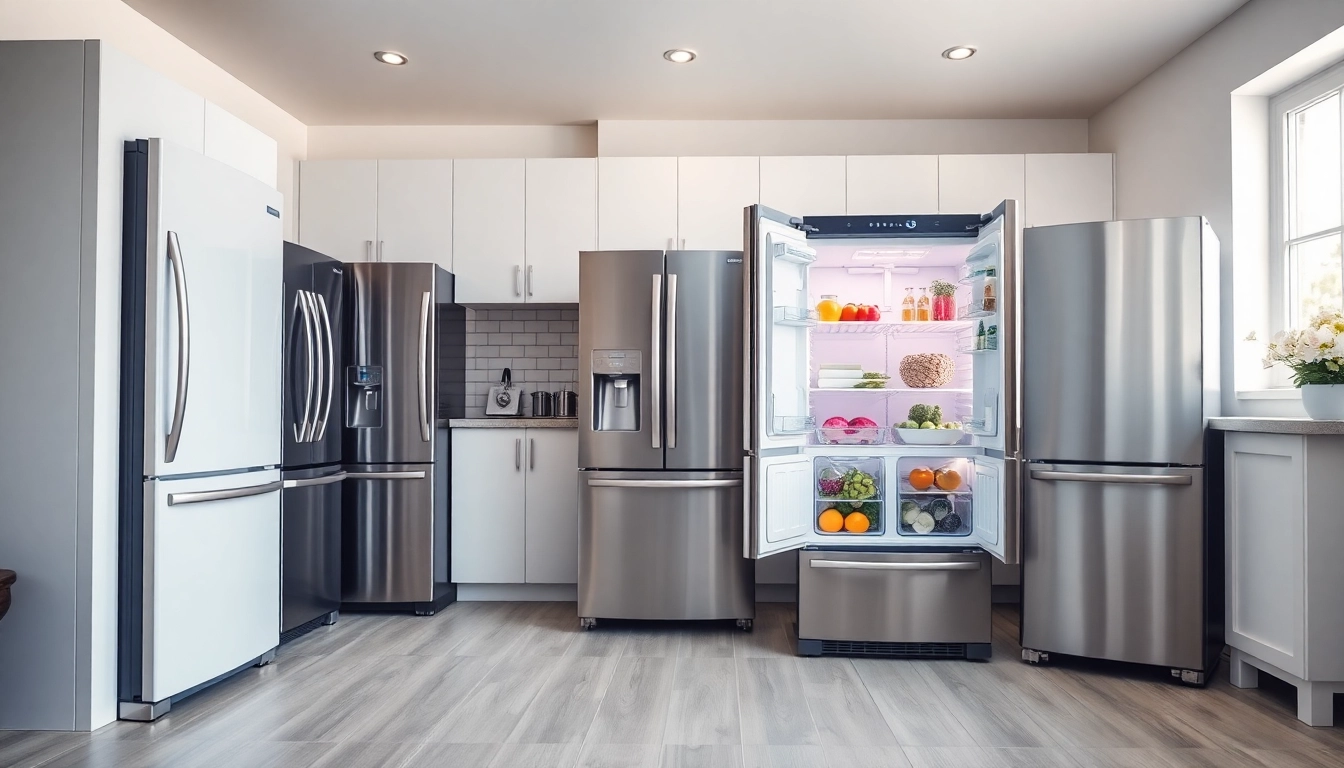 Explore modern refrigerator sales in a stylish kitchen with fresh produce and sleek models.