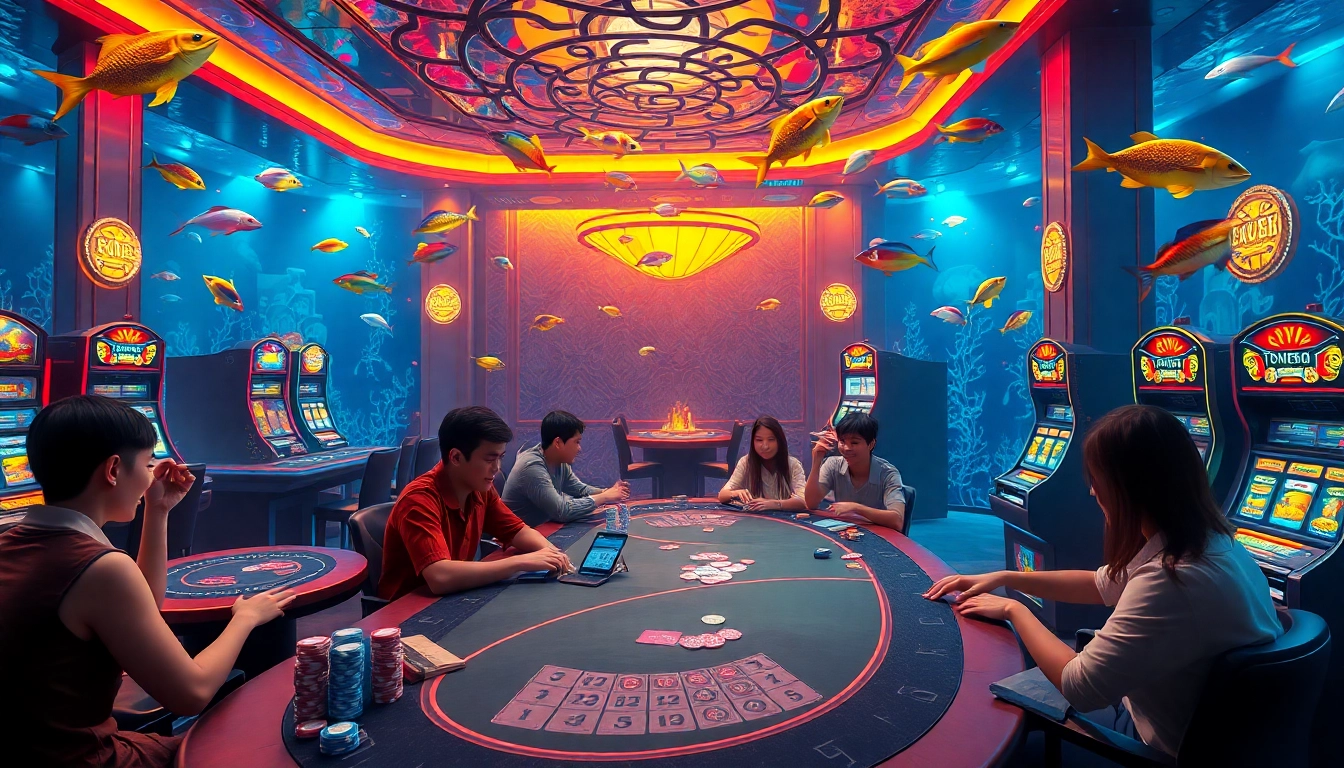 Bắn cá đổi thưởng gameplay with vibrant 3D fish graphics, immersive underwater casino excitement.